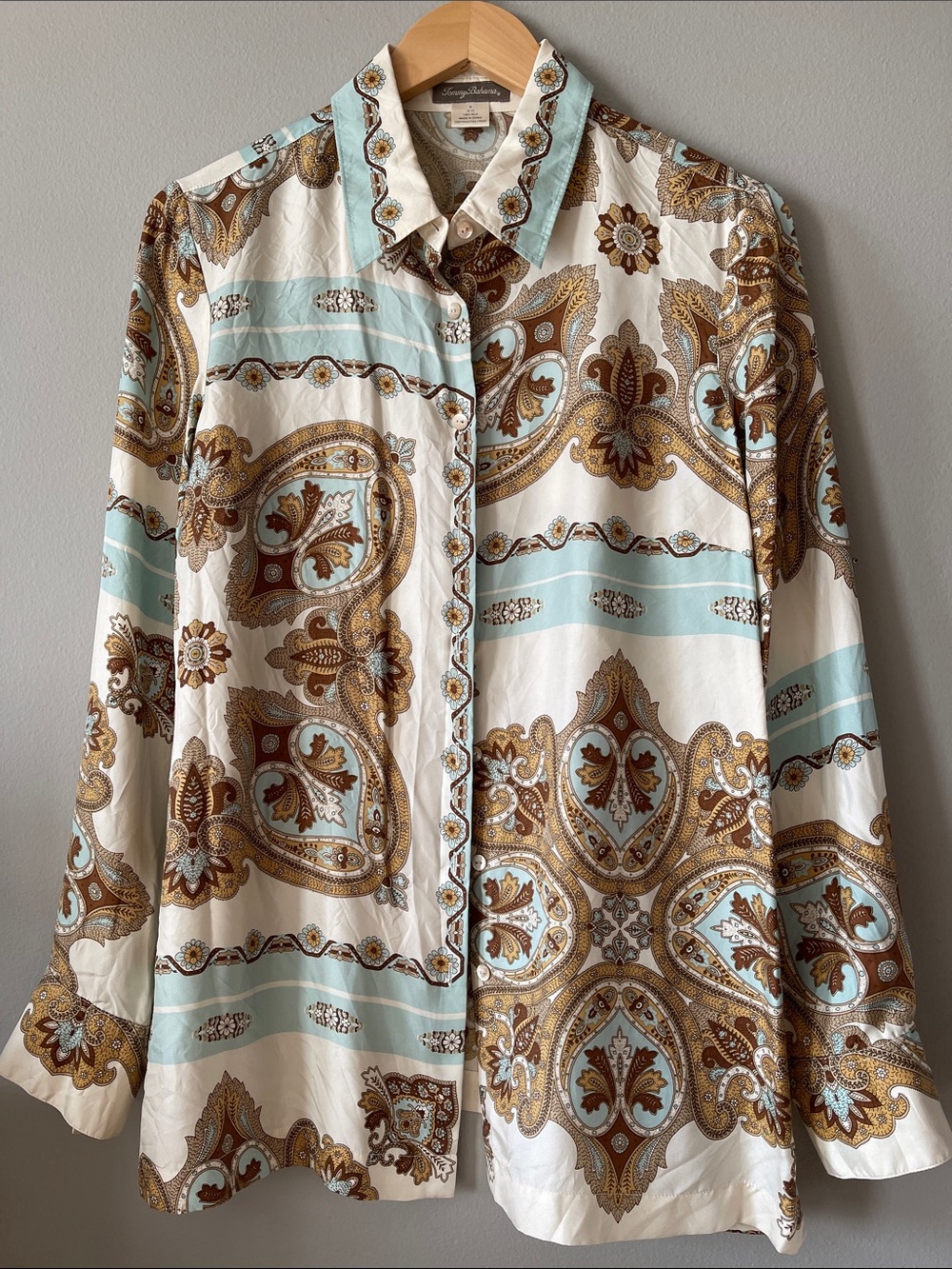 Tommy Bahama Silk Paisley Blouse Tunic in Cream, Light Blue & Brown Y2K